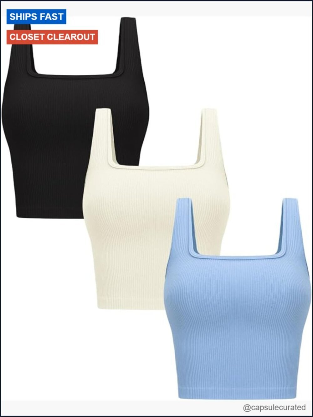 3 Pack Seamless Ribbed Crop Tank Tops Square Neck Sleeveless Yoga Gym Shirts